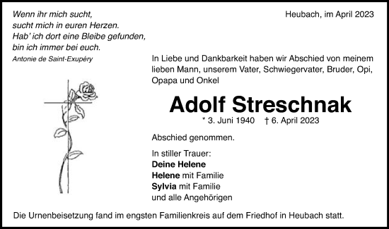 Traueranzeige von Adolf Streschnak von Gmünder Tagespost