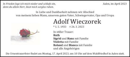 Traueranzeige von Adolf Wieczorek von Schwäbische Post