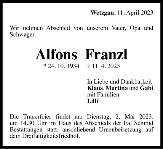 Traueranzeige von Alfons Franzl von Gmünder Tagespost