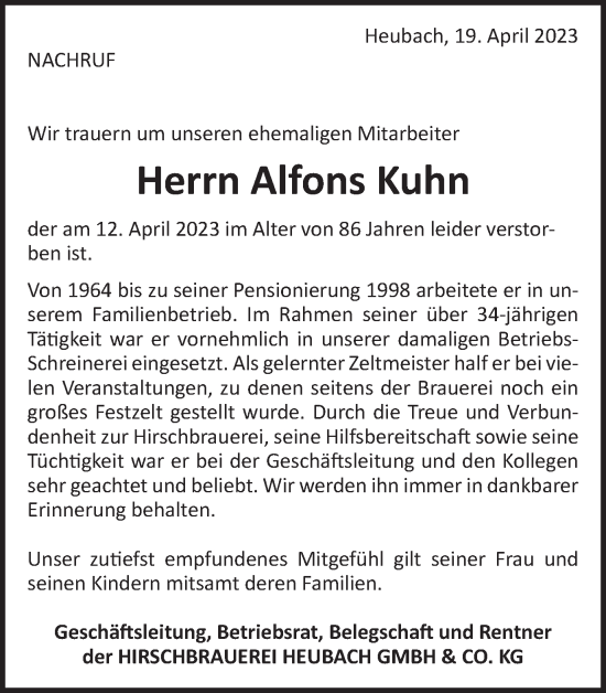 Traueranzeige von Alfons Kuhn von Gmünder Tagespost