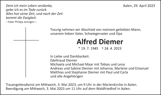 Traueranzeige von Alfred Diemer von Schwäbische Post