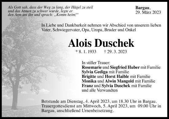 Traueranzeige von Alois Duschek von Gmünder Tagespost
