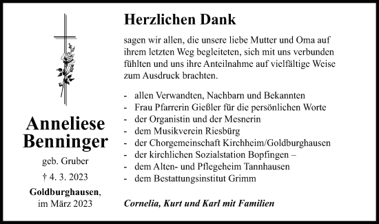 Traueranzeige von Anneliese Benninger von Schwäbische Post