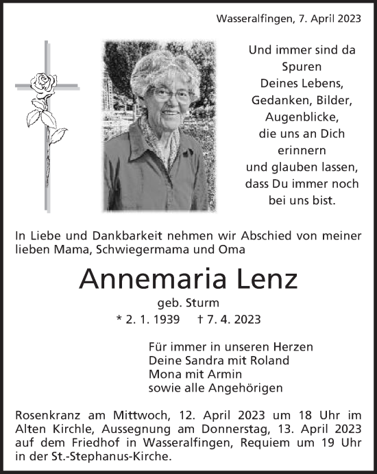 Traueranzeige von Annemaria Lenz von Schwäbische Post