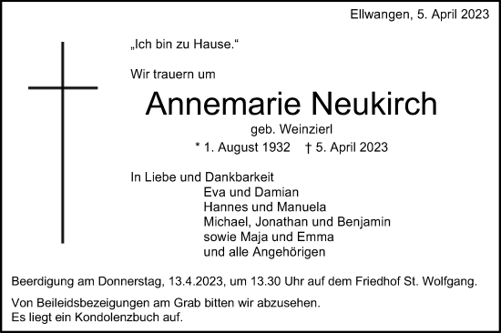 Traueranzeige von Annemarie Neukirch von Schwäbische Post