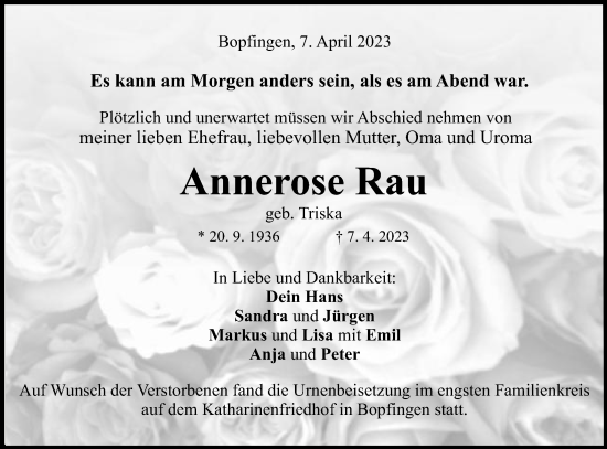 Traueranzeige von Annerose Rau von Schwäbische Post