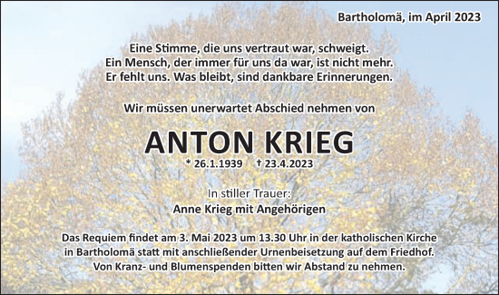 Traueranzeige von Anton Krieg von Gmünder Tagespost