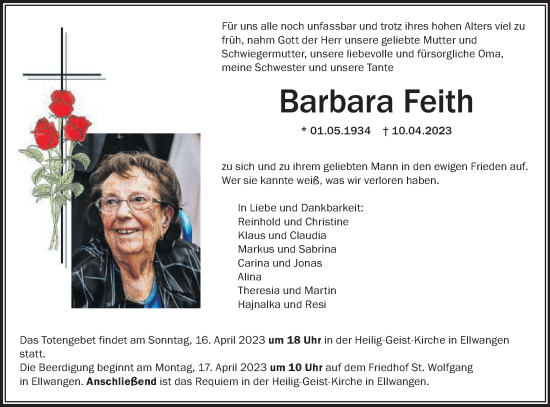 Traueranzeige von Barbara Feith von Schwäbische Post