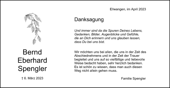 Traueranzeige von Bernd Eberhard Spengler von Schwäbische Post
