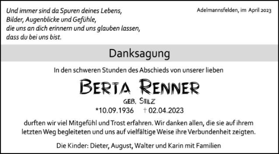 Traueranzeige von Berta Renner von Schwäbische Post