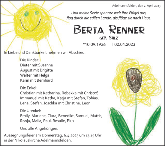 Traueranzeige von Berta Renner von Schwäbische Post