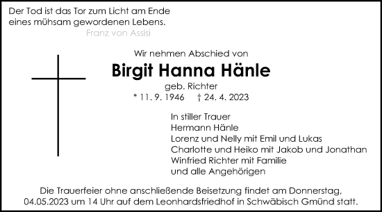 Traueranzeige von Birgit Hanna Hänle von Gmünder Tagespost