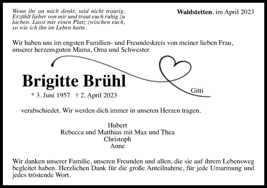 Traueranzeige von Brigitte Brühl von Gmünder Tagespost