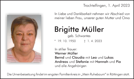 Traueranzeige von Brigitte Müller von Schwäbische Post