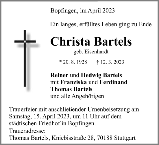 Traueranzeige von Christa Bartels von Schwäbische Post
