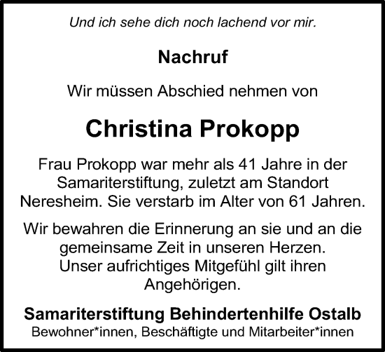 Traueranzeige von Christina Prokopp von Schwäbische Post
