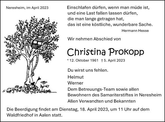 Traueranzeige von Christina Prokopp von Schwäbische Post
