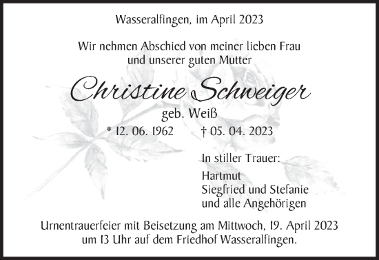 Traueranzeige von Christine Schweiger von Schwäbische Post