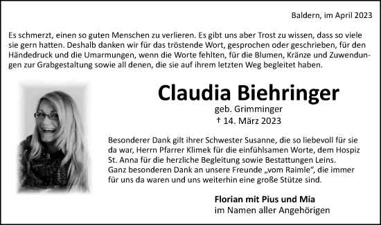 Traueranzeige von Claudia Biehringer von Bopfinger Stadtanzeiger