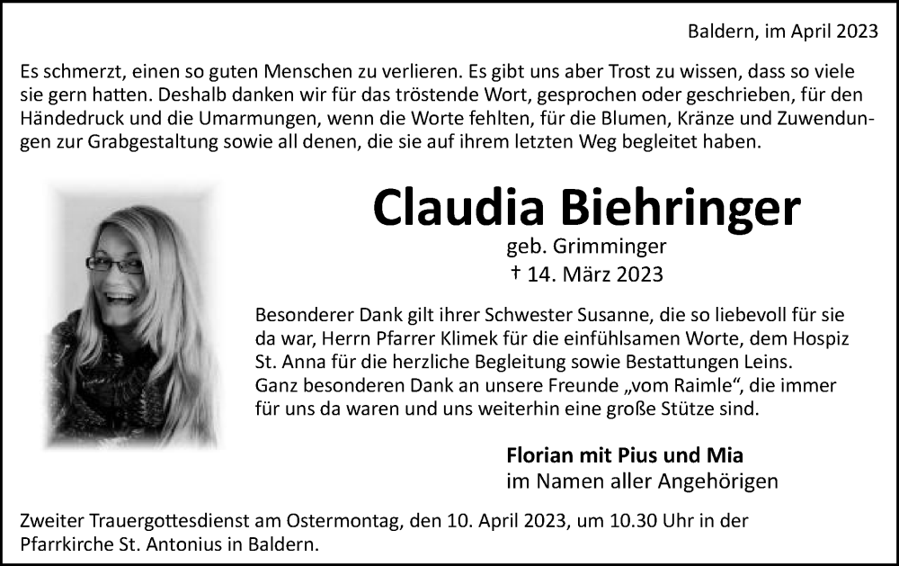  Traueranzeige für Claudia Biehringer vom 06.04.2023 aus Schwäbische Post