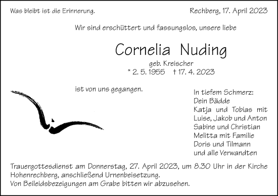 Traueranzeige von Cornelia Nuding von Gmünder Tagespost