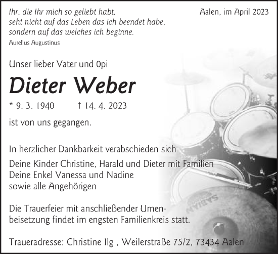 Traueranzeige von Dieter Weber von Schwäbische Post