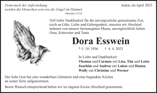 Traueranzeige von Dora Esswein von Schwäbische Post