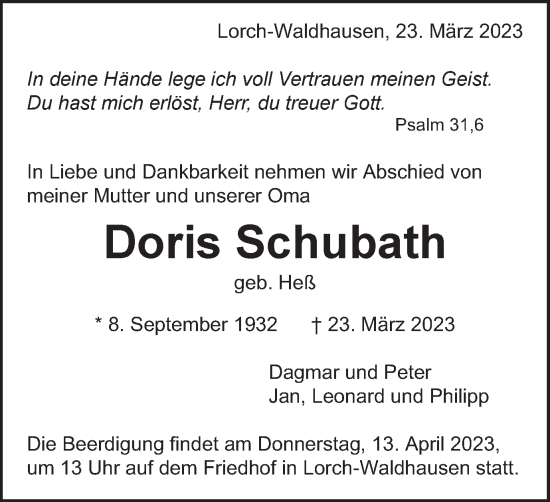 Traueranzeige von Doris Schubath von Gmünder Tagespost