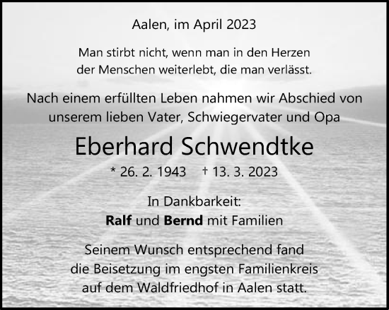 Traueranzeige von Eberhard Schwendtke von Schwäbische Post