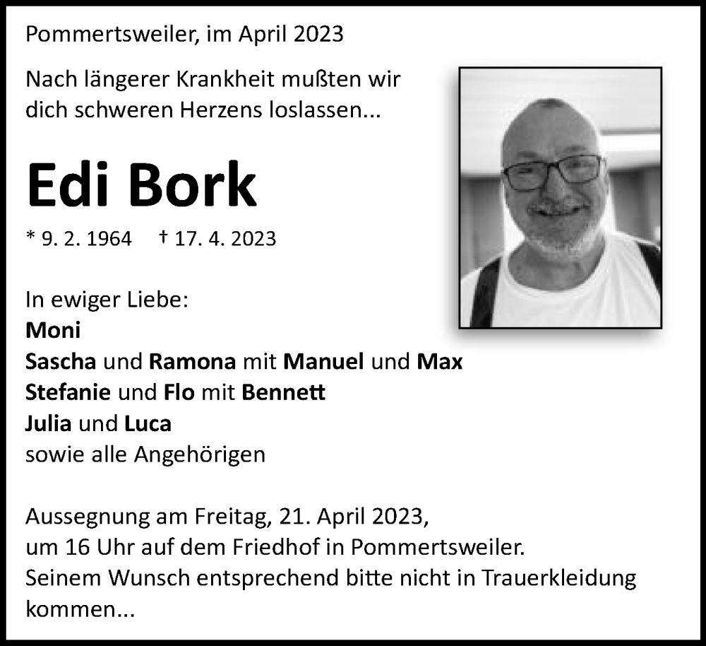  Traueranzeige für Edi Bork vom 19.04.2023 aus Schwäbische Post
