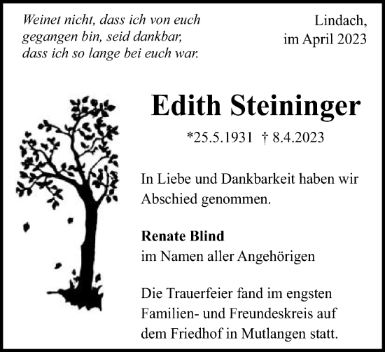 Traueranzeige von Edith Steininger von Gmünder Tagespost