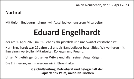 Traueranzeige von Eduard Engelhardt von Schwäbische Post