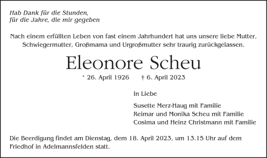 Traueranzeige von Eleonore Scheu von Schwäbische Post