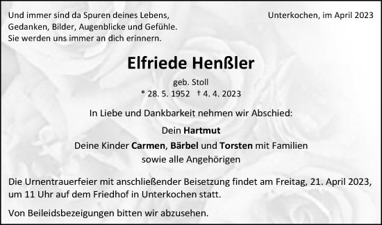 Traueranzeige von Elfriede Henßler von Schwäbische Post