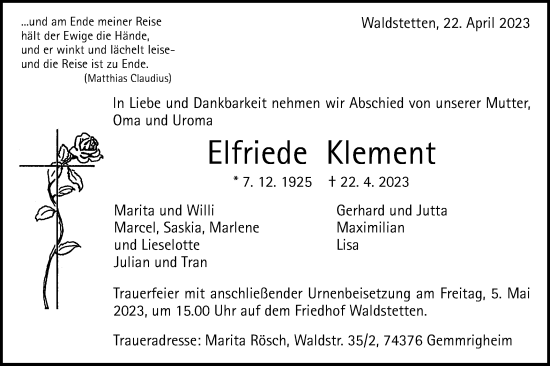 Traueranzeige von Elfriede Klement von Gmünder Tagespost