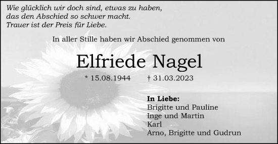 Traueranzeige von Elfriede Nagel von Gmünder Tagespost