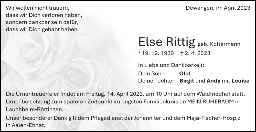  Traueranzeige für Elsa Rittig vom 11.04.2023 aus Schwäbische Post