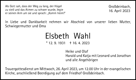 Traueranzeige von Elsbeth Wahl von Gmünder Tagespost