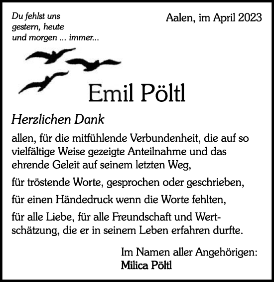 Traueranzeige von Emil Pöltl von Schwäbische Post