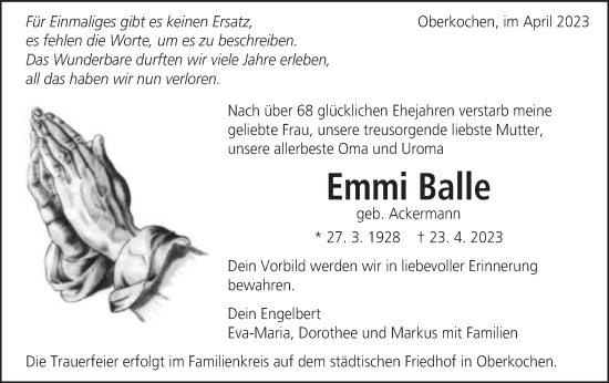 Traueranzeige von Emmi Balle von Schwäbische Post