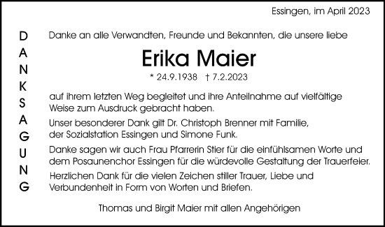 Traueranzeige von Erika Maier von Schwäbische Post