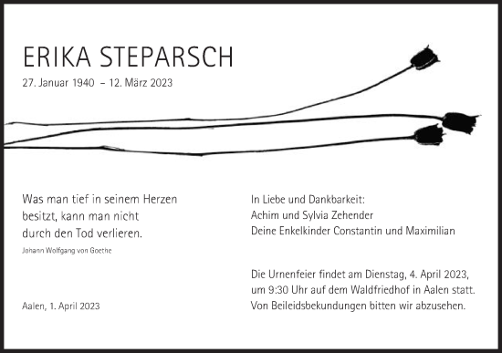 Traueranzeige von Erika Steparsch von Schwäbische Post