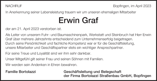 Traueranzeige von Erwin Graf von Schwäbische Post