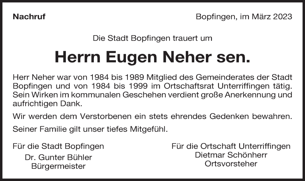  Traueranzeige für Eugen Neher vom 06.04.2023 aus Bopfinger Stadtanzeiger