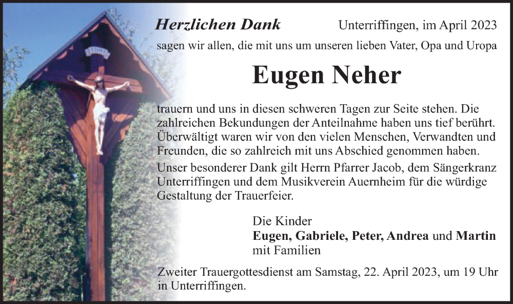  Traueranzeige für Eugen Neher vom 20.04.2023 aus Schwäbische Post