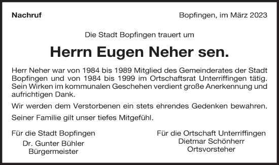 Traueranzeige von Eugen Neher von Bopfinger Stadtanzeiger