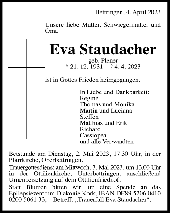 Traueranzeige von Eva Staudacher von Gmünder Tagespost