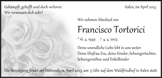 Traueranzeige von Francisco Tortorici von Schwäbische Post