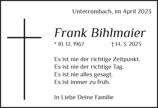 Traueranzeige von Frank Bihlmaier von Schwäbische Post
