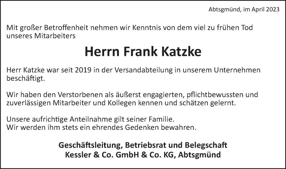  Traueranzeige für Frank Katzke vom 15.04.2023 aus Schwäbische Post